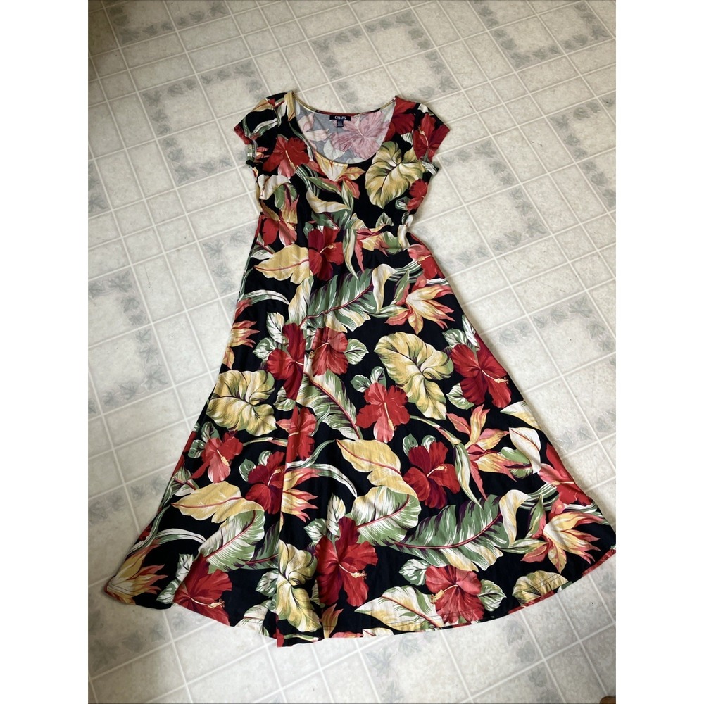 Chaps Floral Maxi Dress black Red hibiscus Tropical Botanical‎ Short Slv modest